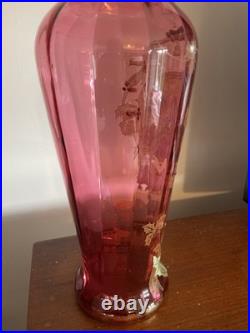 Grand vase en verre soufflé émaillé Art Nouveau à décor floral Bel état Rare