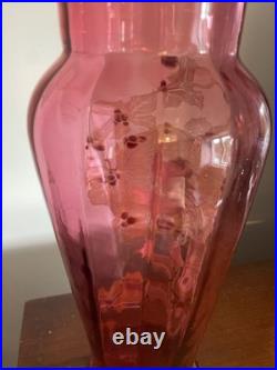 Grand vase en verre soufflé émaillé Art Nouveau à décor floral Bel état Rare