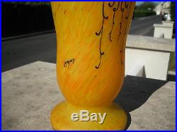 Grand vase pâte de verre modéle Printania signé Legras émaillé fleurs, oiseaux