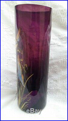 Grand vase verre émaillé, hauteur 29 cm, 6 papillons émaillés en relief. LEGRAS