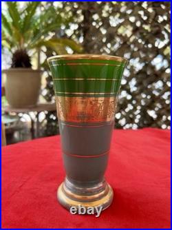 Green Decorative Vase. Gold Vine Motif Decoration. Vintage Style