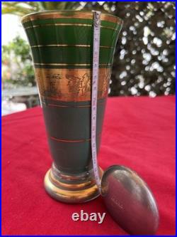 Green Decorative Vase. Gold Vine Motif Decoration. Vintage Style