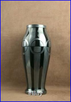 Important Vase Art Deco Verre Noir Decor Geometrique Signe Hem Michel Herman