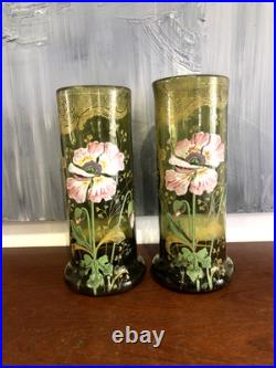 JOLIE PAIRE DE VASES EN VERRE ÉMAILLÉ (accident sur un) PAVOTS LEGRAS