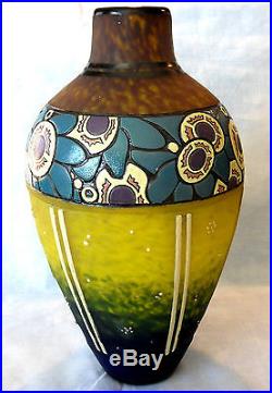 Joli grand vase art-deco DELATTE, gravé, parfait, era daum galle schneider