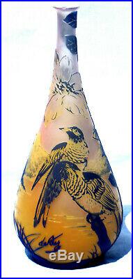 Joli vase 1900 DEVEZ, rare décor oiseaux, era daum galle pantin, parfait