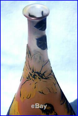 Joli vase 1900 DEVEZ, rare décor oiseaux, era daum galle pantin, parfait