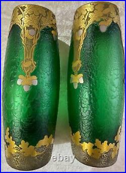 LEGRAS & Cie et MONTJOYE Paire de Vases série Vert Impérial feuilles de chêne