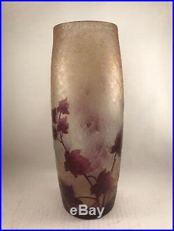 LEGRAS Gd vase art deco gravé acide et émaillé serie rubis irisé 30 Cm