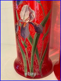 LEGRAS Paire de Grands Vases Verre Cristal Rouge Soufflé Emaillé Décor Iris 1900
