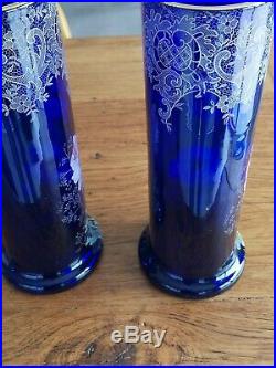 LEGRAS Paire de VASE Émaillée floral bleu cobalt