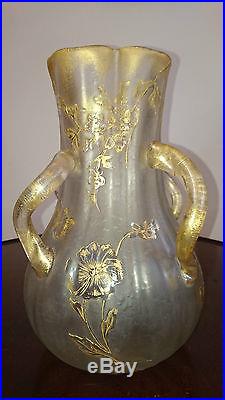 LEGRAS VASE VERRE GIVRE / DORE DECOR DE FLEURS PARFAIT ETAT SIGNE St DENIS 25 cm