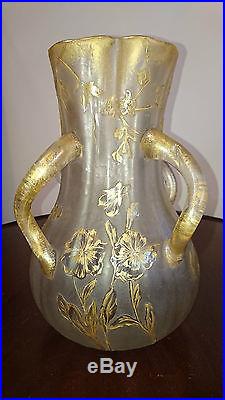 LEGRAS VASE VERRE GIVRE / DORE DECOR DE FLEURS PARFAIT ETAT SIGNE St DENIS 25 cm