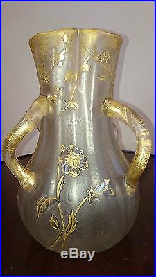 LEGRAS VASE VERRE GIVRE / DORE DECOR DE FLEURS PARFAIT ETAT SIGNE St DENIS 25 cm