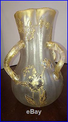 LEGRAS VASE VERRE GIVRE / DORE DECOR DE FLEURS PARFAIT ETAT SIGNE St DENIS 25 cm