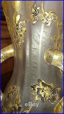 LEGRAS VASE VERRE GIVRE / DORE DECOR DE FLEURS PARFAIT ETAT SIGNE St DENIS 25 cm