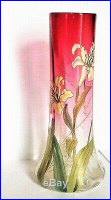 LEGRAS Vase émaillé iris sur fond rouge fin 19 ème hauteur 26cm TBE
