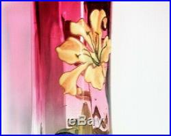 LEGRAS Vase émaillé iris sur fond rouge fin 19 ème hauteur 26cm TBE