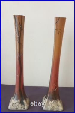 LEGRAS, très jolie paire de grands vases soliflore, décor d'arbres enneigés