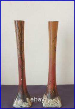 LEGRAS, très jolie paire de grands vases soliflore, décor d'arbres enneigés