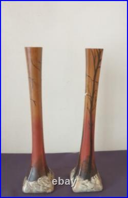 LEGRAS, très jolie paire de grands vases soliflore, décor d'arbres enneigés