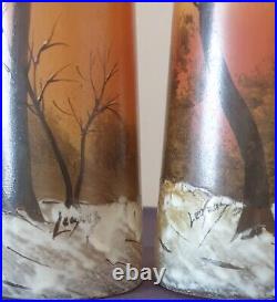 LEGRAS, très jolie paire de vase en verre peint à décor hivernal
