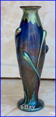 Loetz Austria Vase Phaenomen Iridescent Applied Glass Cobalt Blue Signed Ep. 1901