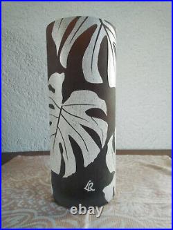 LR La Rochère Vase cylindrique brun aux PHILODENDRONS Verre ou Pâte de verre