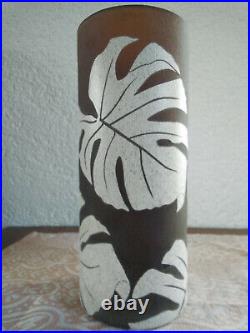 LR La Rochère Vase cylindrique brun aux PHILODENDRONS Verre ou Pâte de verre