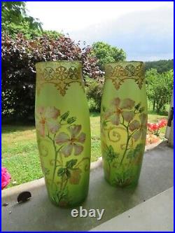Legras 2 Superbes grands vases en verre émaillé à décor de fleur (36 cm)