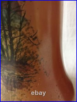 Legras Paire de grand vase en verre soufflé peint d'un paysage Village