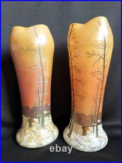 Legras / Paire de vases en verre émaillé décor paysage enneigé / Art Nouveau Legras / Paire de vases en verre émaillé décor paysage enneigé / Art Nouveau