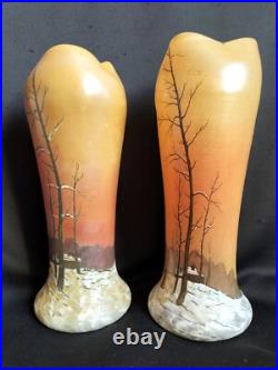 Legras / Paire de vases en verre émaillé décor paysage enneigé / Art Nouveau Legras / Paire de vases en verre émaillé décor paysage enneigé / Art Nouveau