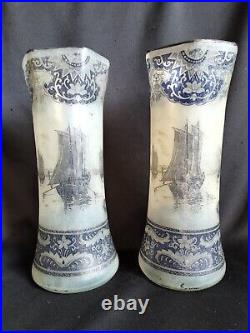 Legras / Paire de vases en verre peint/imprimé aux bâteaux / Art Nouveau émaillé