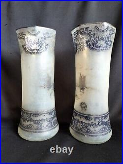 Legras / Paire de vases en verre peint/imprimé aux bâteaux / Art Nouveau émaillé