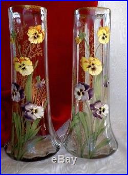 Legras Rare Paire Grands Vases Emaille Floral Violet, Jaune Pensees