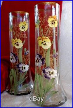 Legras Rare Paire Grands Vases Emaille Floral Violet, Jaune Pensees