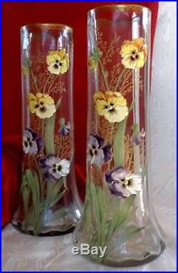Legras Rare Paire Grands Vases Emaille Floral Violet, Jaune Pensees