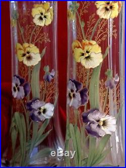 Legras Rare Paire Grands Vases Emaille Floral Violet, Jaune Pensees