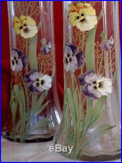 Legras Rare Paire Grands Vases Emaille Floral Violet, Jaune Pensees