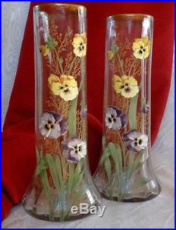 Legras Rare Paire Grands Vases Emaille Floral Violet, Jaune Pensees