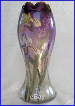 Legras, Splendide Vase Bicolore Emaille Violet Decor Floral Iris
