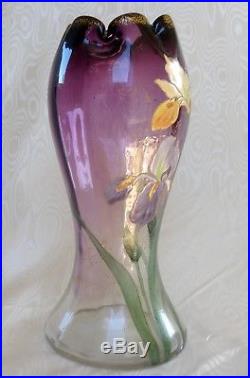 Legras, Splendide Vase Bicolore Emaille Violet Floral Iris