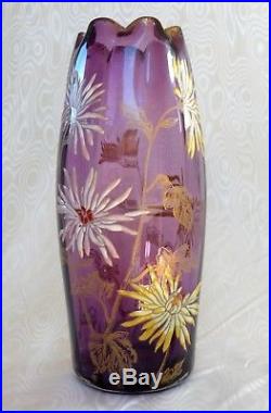 Legras, Splendide Vase Emaille Violet Decor Floral