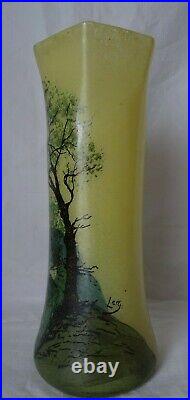 Legras Vase 1920 Verre Peint Emaille, Decor Moutons Bergere, Signe Leg