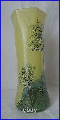Legras Vase 1920 Verre Peint Emaille, Decor Moutons Bergere, Signe Leg