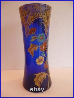 Legras Vase Bleu De Cobalt Et Fleurs Emaillees 27.5 CM Tbe