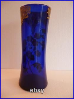 Legras Vase Bleu De Cobalt Et Fleurs Emaillees 27.5 CM Tbe