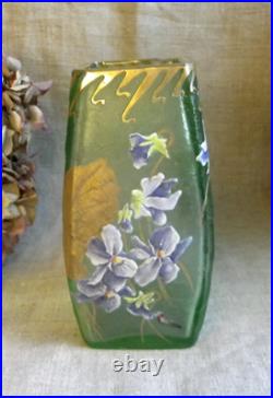 Legras Vase Signé Montjoy À Décor De Violettes Émaillées Et Feuilles D'or