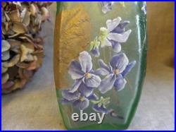 Legras Vase Signé Montjoy À Décor De Violettes Émaillées Et Feuilles D'or